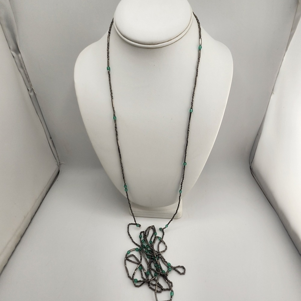 Long Hematite And Green Color Beaded Lariat Necklace